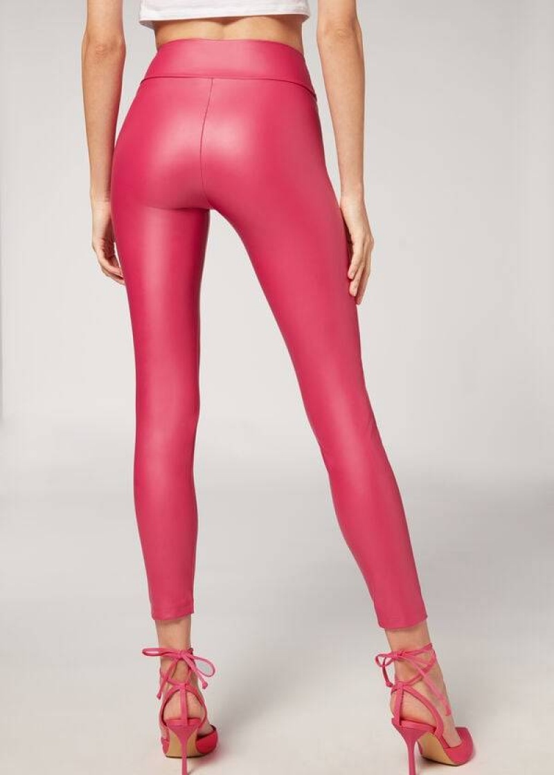 Calzedonia Leather Effect Women's Leggings Pink | CA 1527CE