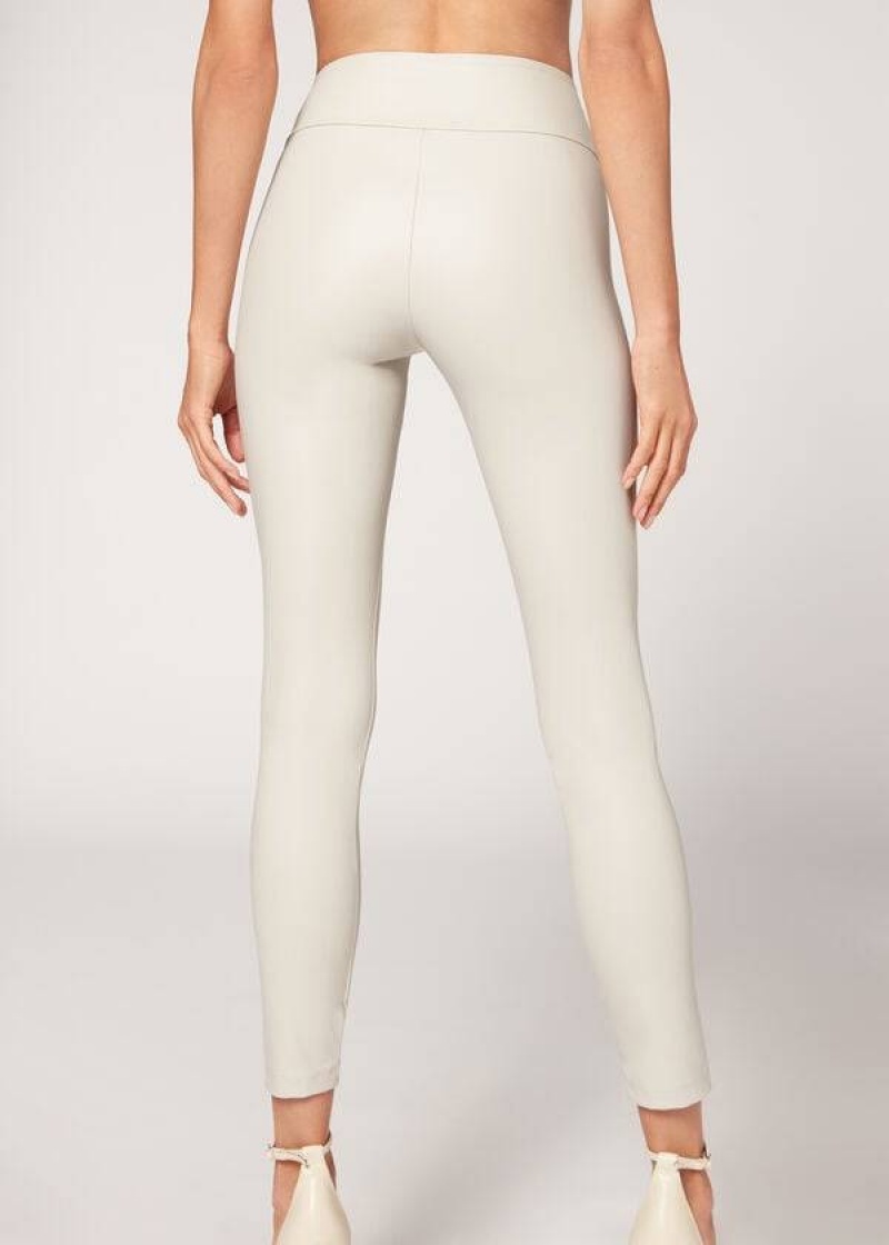 Calzedonia Leather Effect Women's Leggings White | CA 1526XF