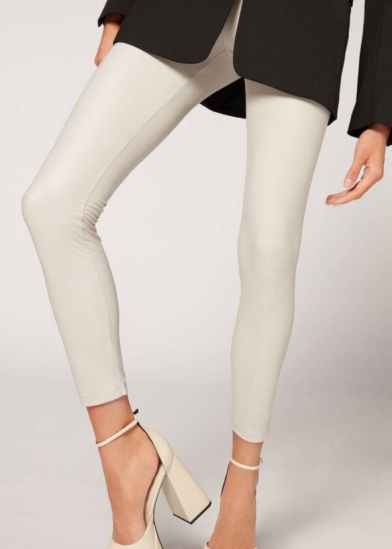 Calzedonia Leather Effect Women's Leggings White | CA 1526XF