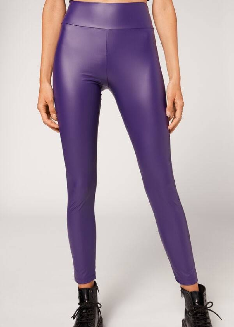 Calzedonia Leather Effect Women\'s Leggings Purple | CA 1525ZG