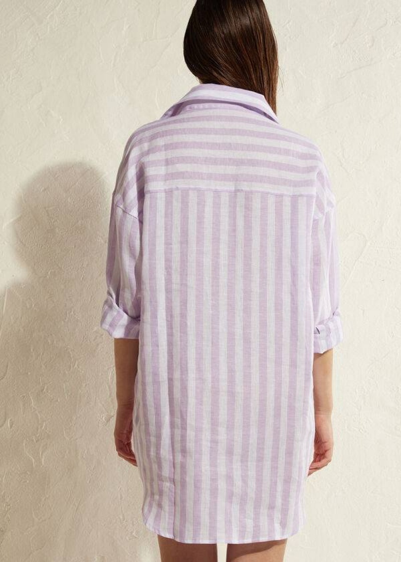 Calzedonia Linen Shirt Women's Cover Ups Purple / White | CA 2105WY