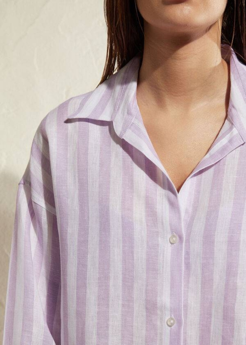 Calzedonia Linen Shirt Women's Cover Ups Purple / White | CA 2105WY