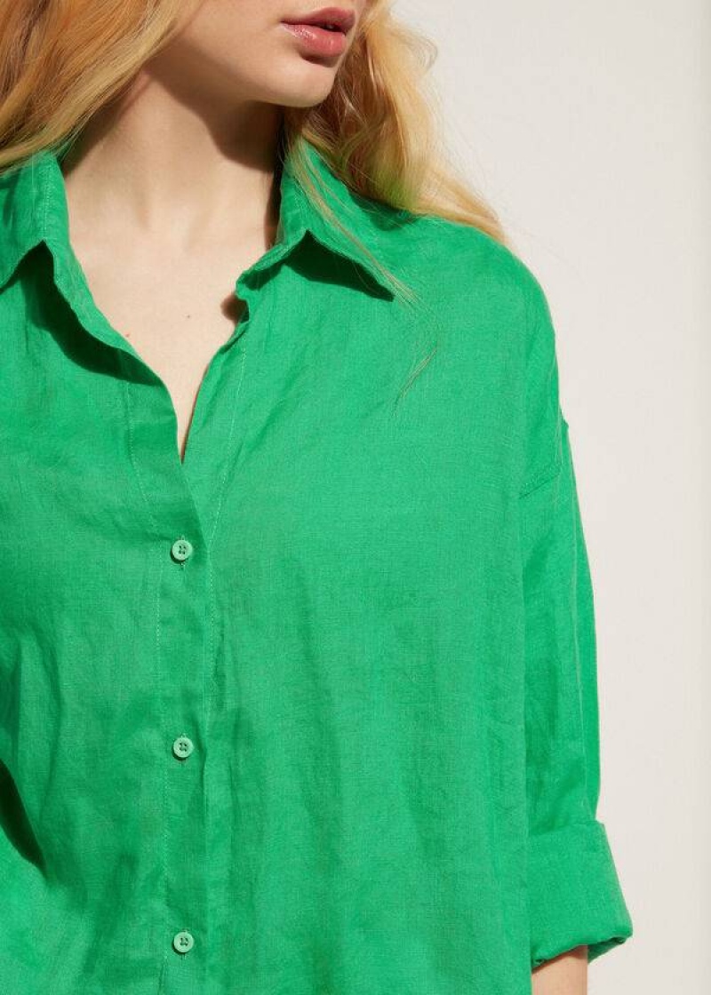 Calzedonia Linen Shirt Women's Cover Ups Green | CA 2103MA