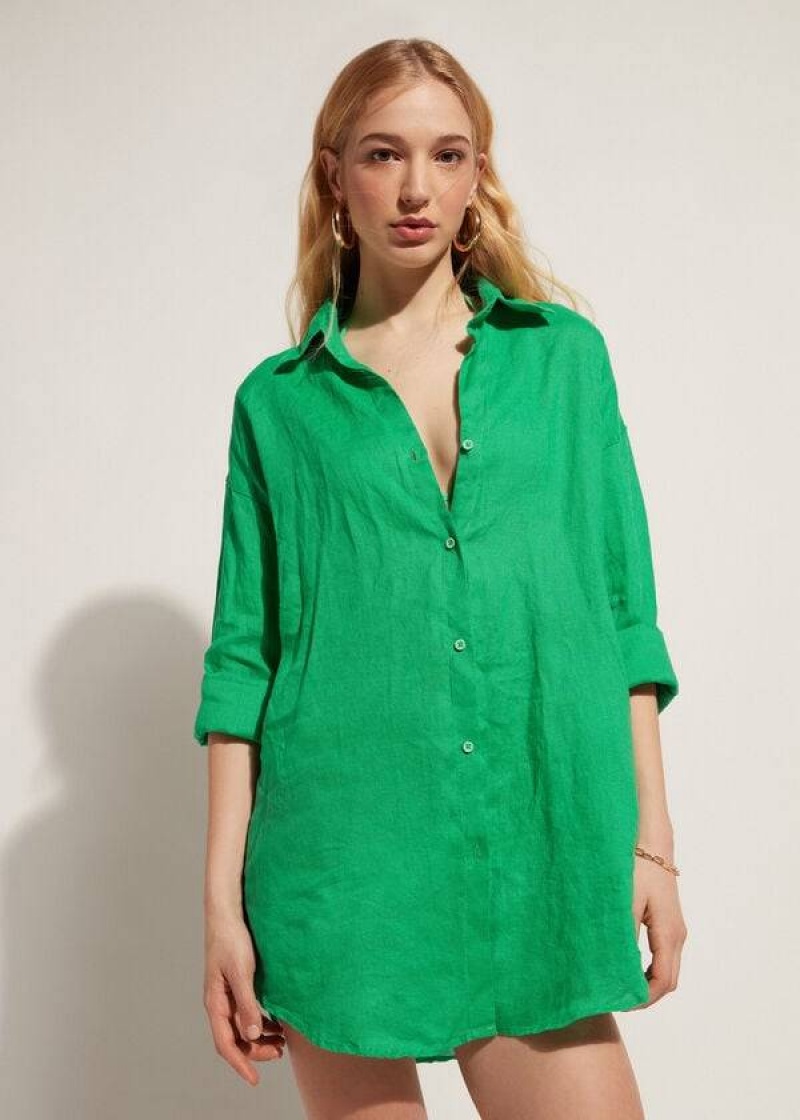 Calzedonia Linen Shirt Women's Cover Ups Green | CA 2103MA