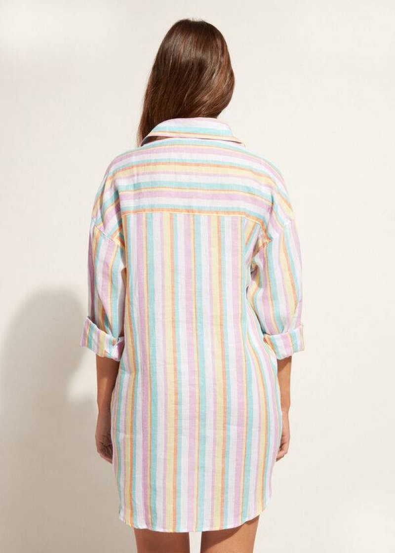 Calzedonia Linen Shirt Women's Cover Ups Multicolor Stripes | CA 2102NB