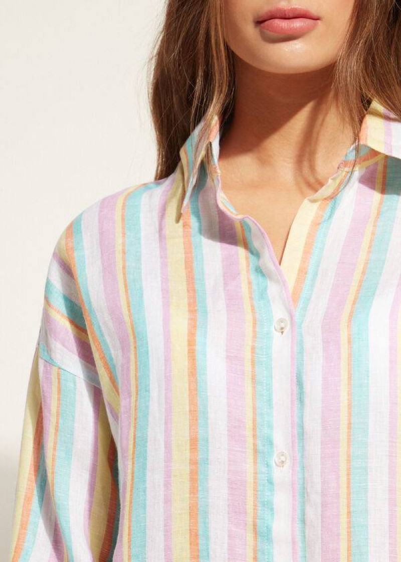 Calzedonia Linen Shirt Women's Cover Ups Multicolor Stripes | CA 2102NB