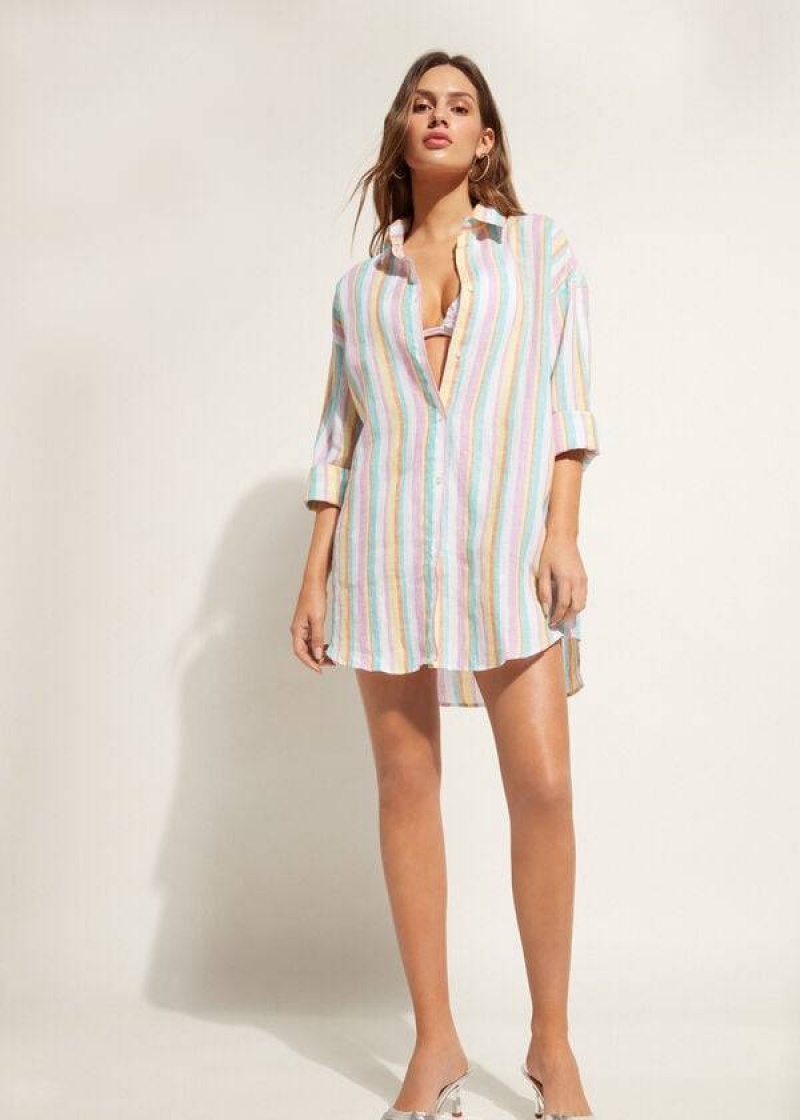 Calzedonia Linen Shirt Women's Cover Ups Multicolor Stripes | CA 2102NB