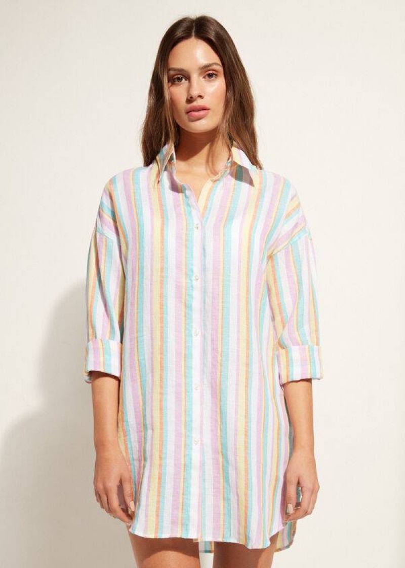 Calzedonia Linen Shirt Women\'s Cover Ups Multicolor Stripes | CA 2102NB