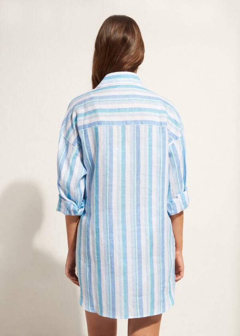 Calzedonia Linen Shirt Women's Cover Ups Blue / White | CA 2101BC