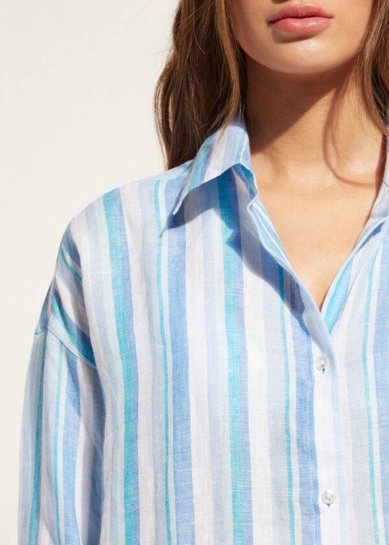 Calzedonia Linen Shirt Women's Cover Ups Blue / White | CA 2101BC