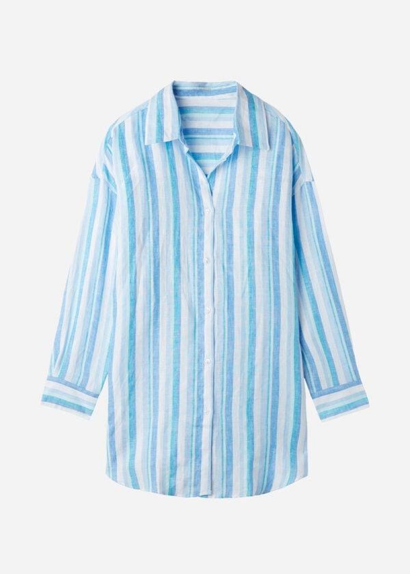 Calzedonia Linen Shirt Women's Cover Ups Blue / White | CA 2101BC