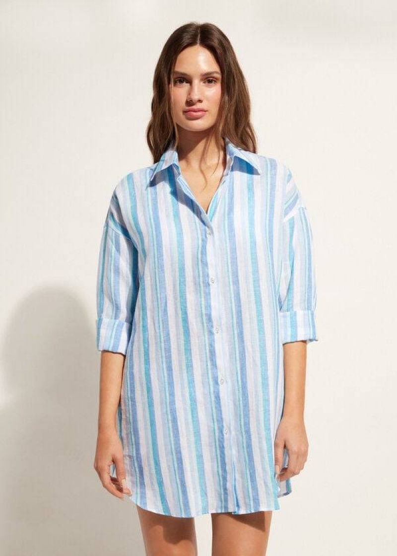 Calzedonia Linen Shirt Women\'s Cover Ups Blue / White | CA 2101BC