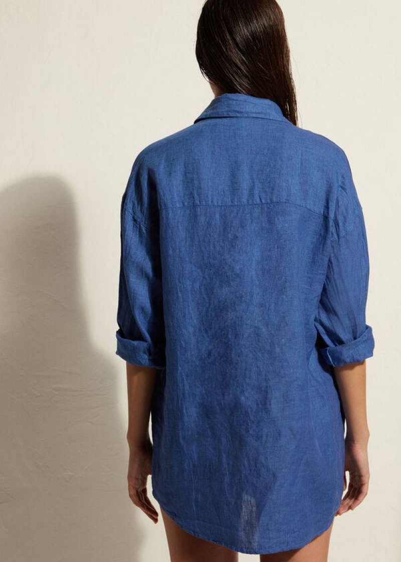 Calzedonia Linen Shirt Women's Cover Ups Blue | CA 2100VD