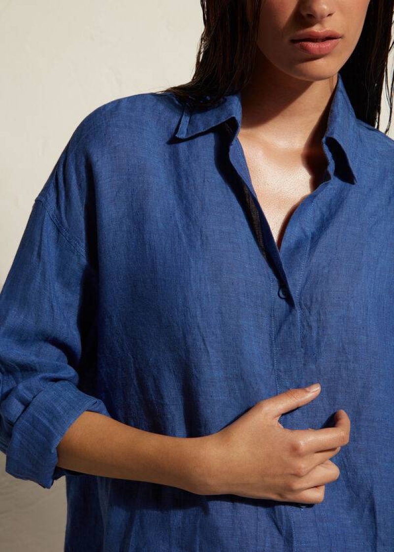 Calzedonia Linen Shirt Women's Cover Ups Blue | CA 2100VD