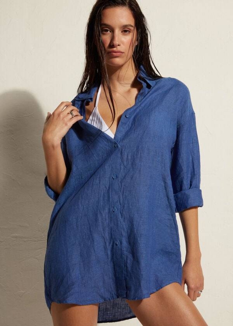 Calzedonia Linen Shirt Women's Cover Ups Blue | CA 2100VD