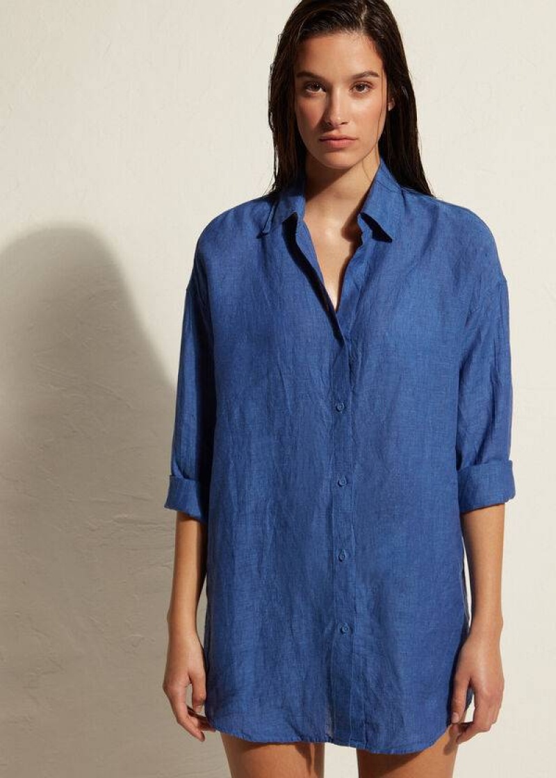 Calzedonia Linen Shirt Women\'s Cover Ups Blue | CA 2100VD