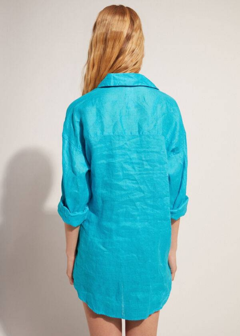 Calzedonia Linen Shirt Women's Cover Ups Turquoise / Green | CA 2097ZG