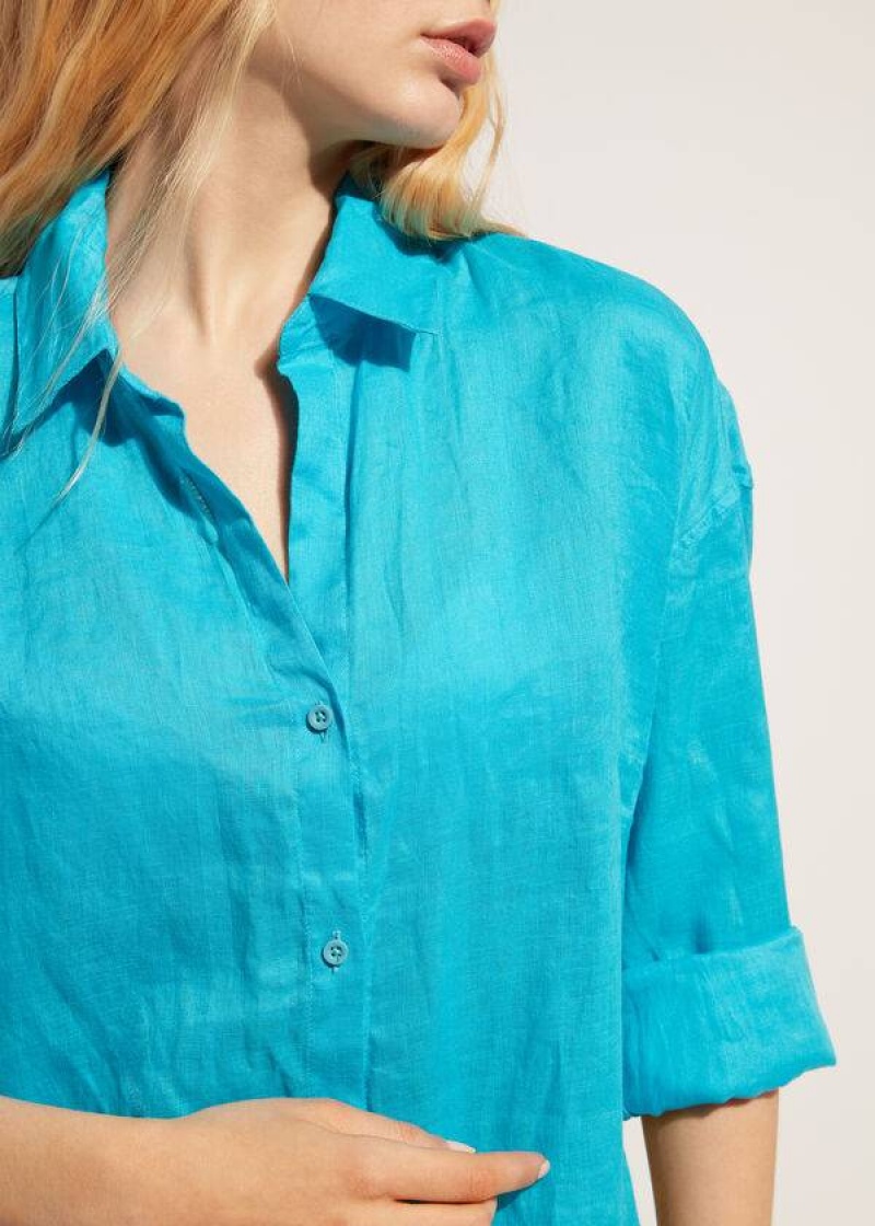 Calzedonia Linen Shirt Women's Cover Ups Turquoise / Green | CA 2097ZG