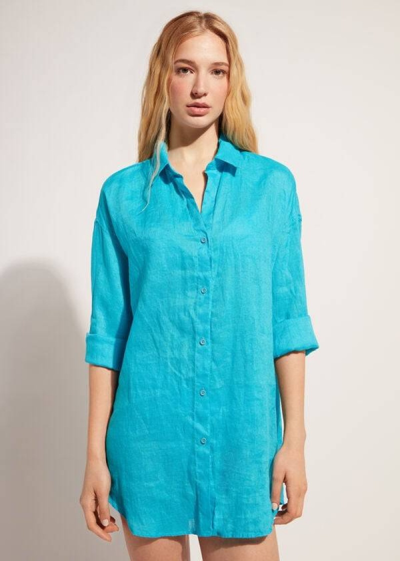 Calzedonia Linen Shirt Women\'s Cover Ups Turquoise / Green | CA 2097ZG