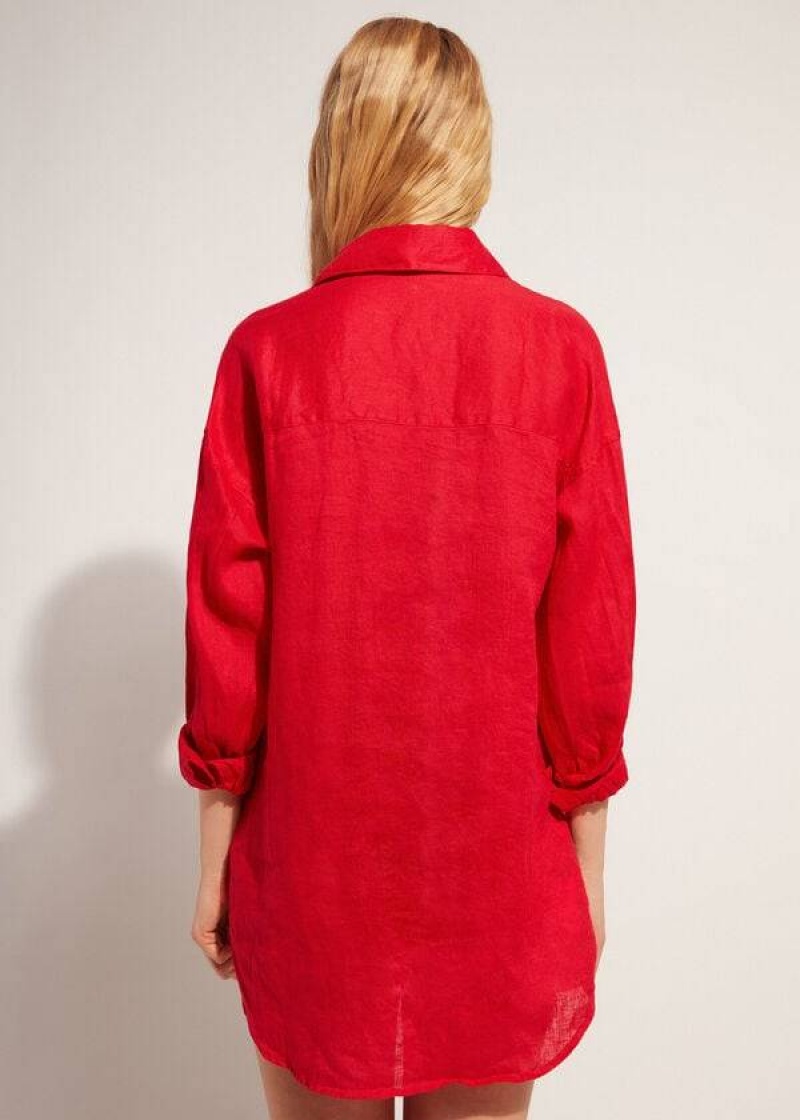 Calzedonia Linen Shirt Women's Cover Ups Red | CA 2096LH