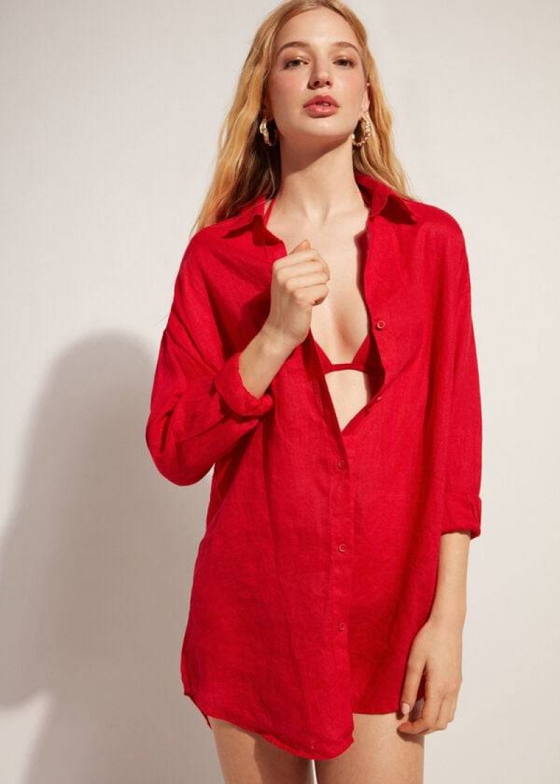 Calzedonia Linen Shirt Women's Cover Ups Red | CA 2096LH