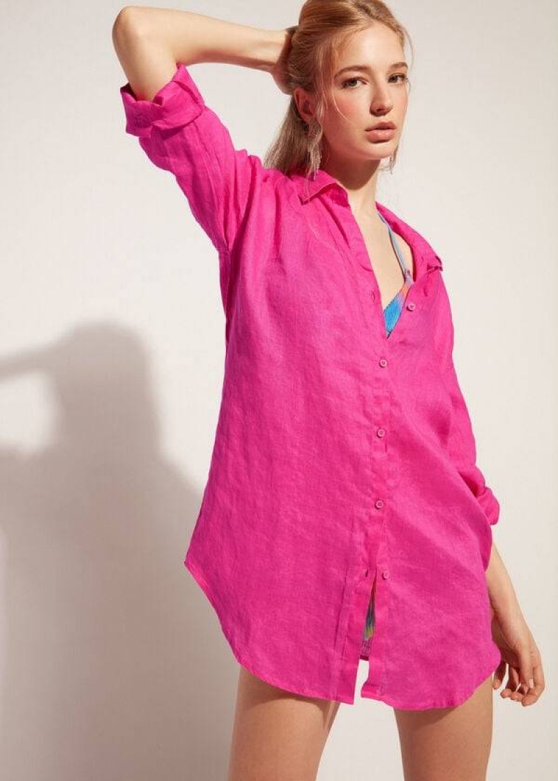 Calzedonia Linen Shirt Women's Cover Ups Pink | CA 2095KI