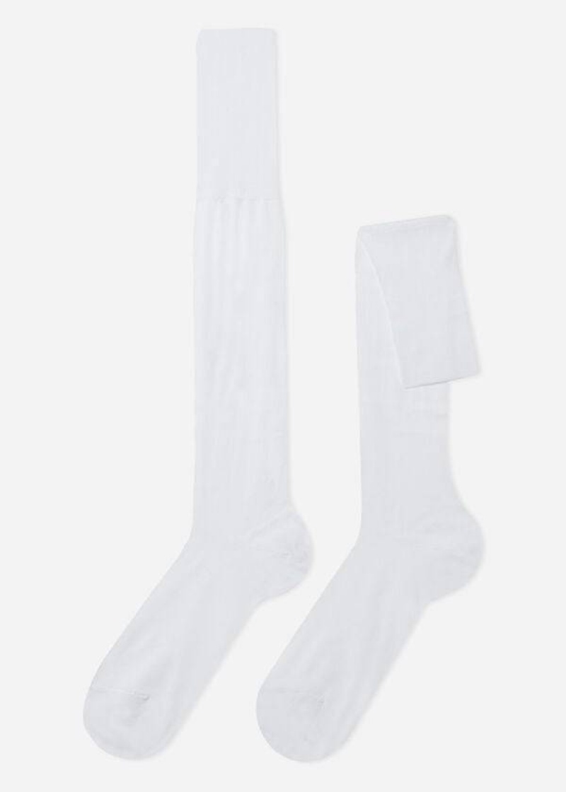 Calzedonia Lisle Thread Long Men\'s Socks White | CA 1427MA