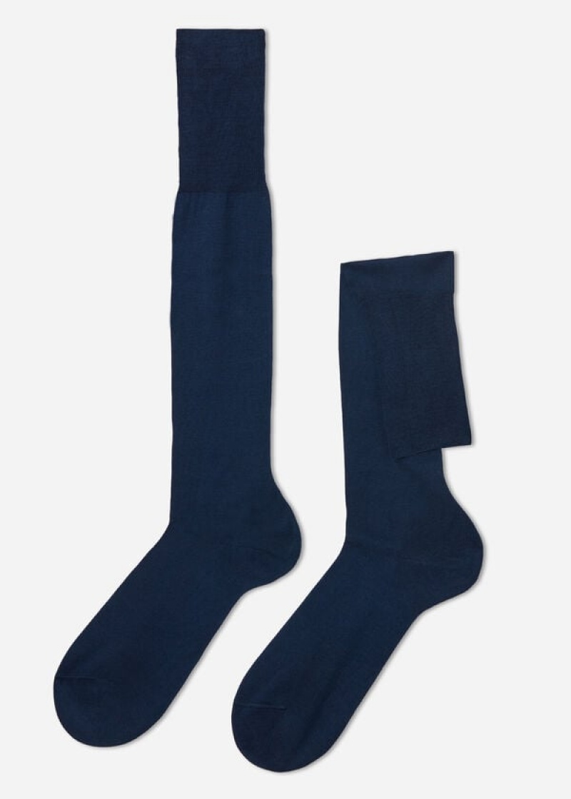 Calzedonia Lisle Thread Long Men\'s Socks Navy | CA 1426NB