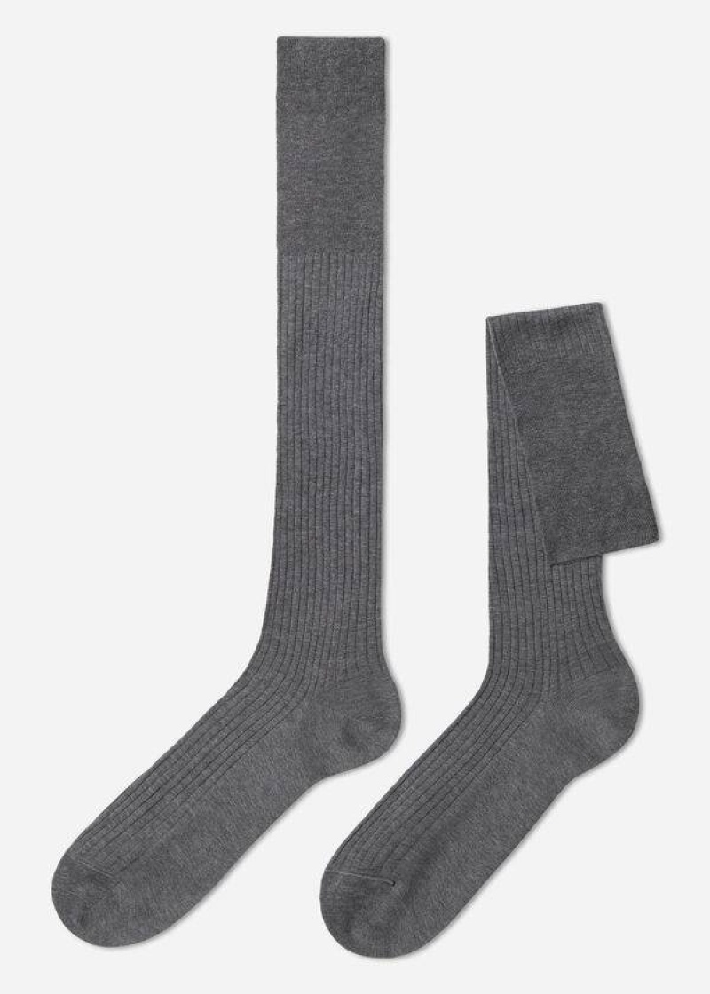 Calzedonia Lisle Thread Ribbed Long Men\'s Socks Grey | CA 1440DN