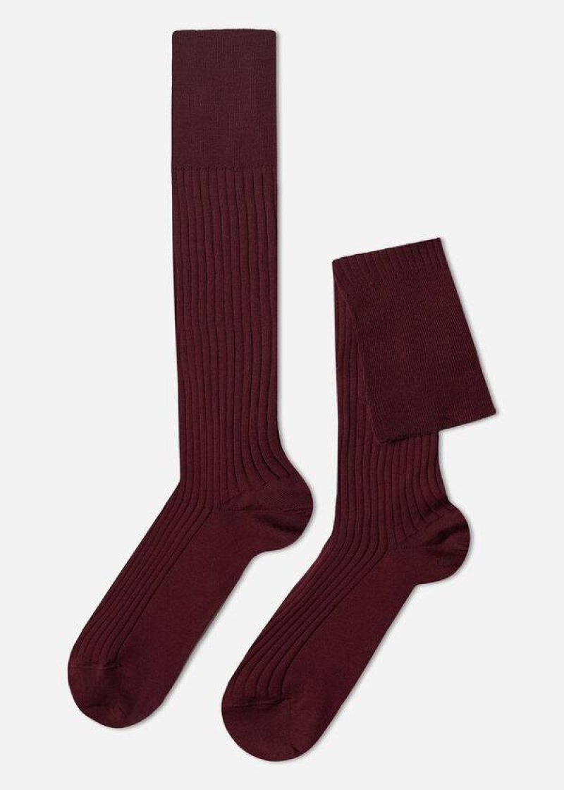 Calzedonia Lisle Thread Ribbed Long Men\'s Socks Burgundy | CA 1438AP