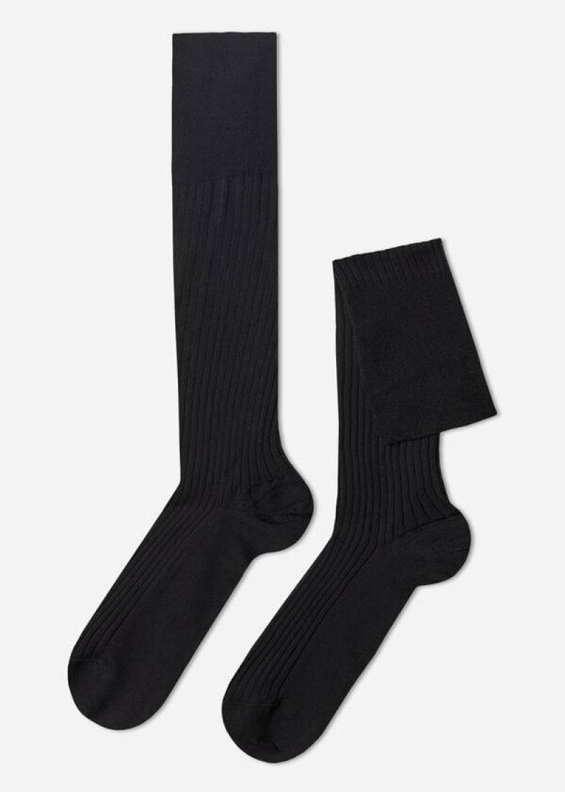 Calzedonia Lisle Thread Ribbed Long Men\'s Socks Black | CA 1435IS