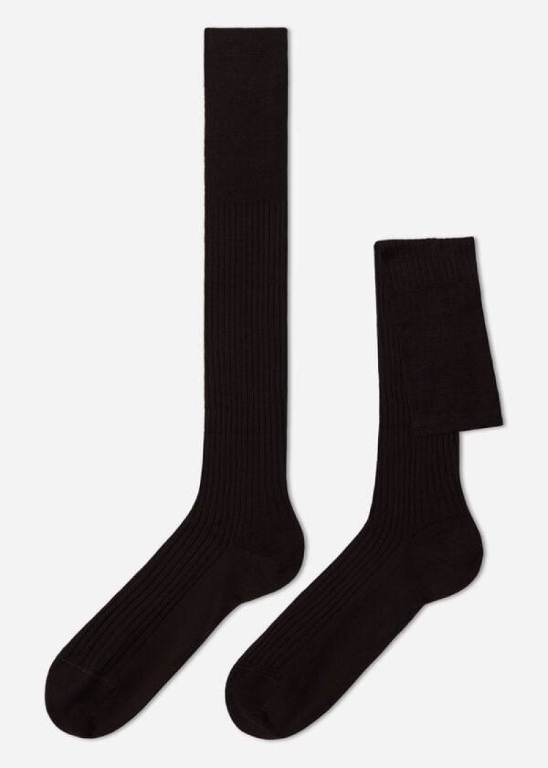 Calzedonia Lisle Thread Ribbed Long Men\'s Socks Brown | CA 1434UT