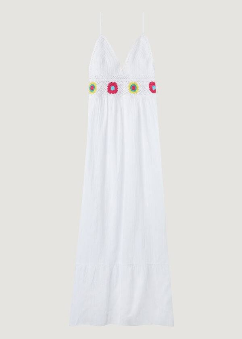 Calzedonia Long Dress with Crochet Top Women's Cover Ups White | CA 2092GL