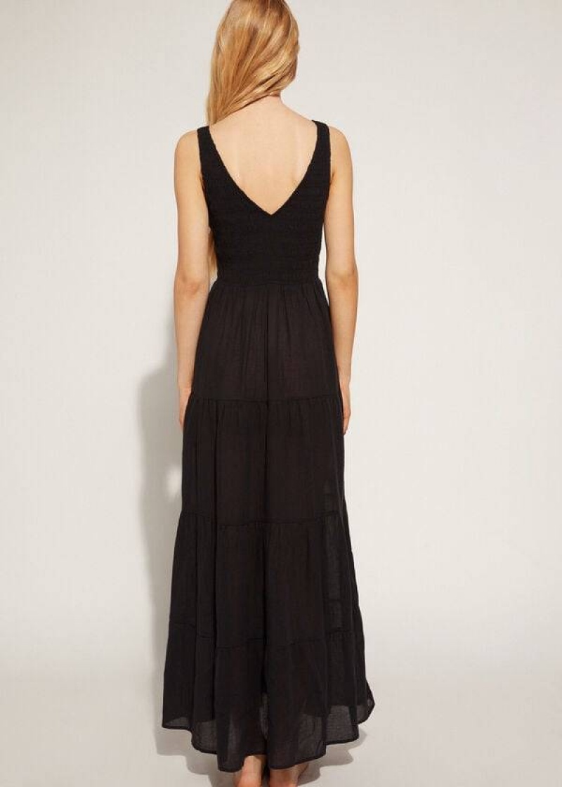 Calzedonia Long Dress with Ruffled Skirt Women's Cover Ups Black | CA 2091FM