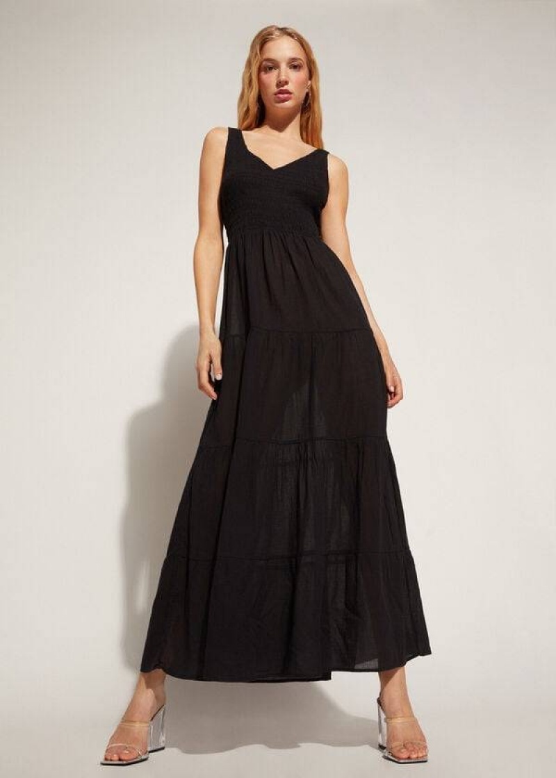 Calzedonia Long Dress with Ruffled Skirt Women's Cover Ups Black | CA 2091FM