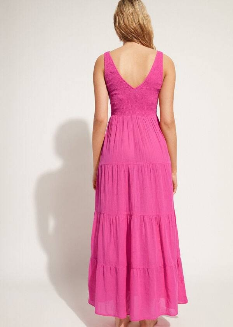 Calzedonia Long Dress with Ruffled Skirt Women's Cover Ups Pink | CA 2089SO