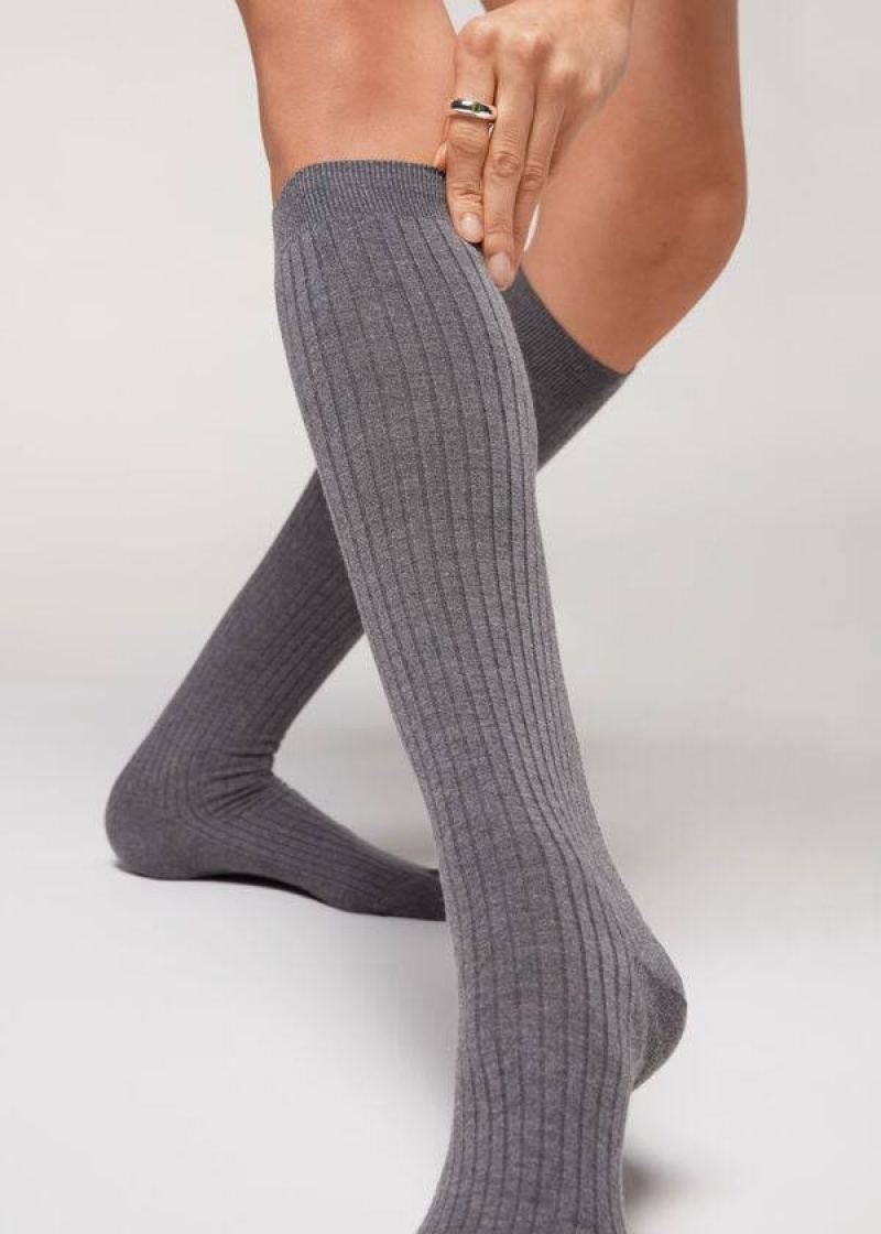 Calzedonia Long Ribbed Cashmere Women\'s Socks Grey | CA 1947MA