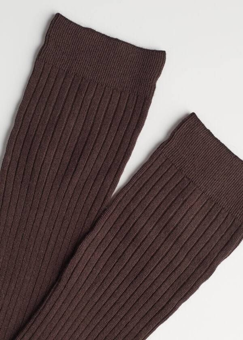 Calzedonia Long Ribbed Cashmere Women's Socks Brown | CA 1946NB