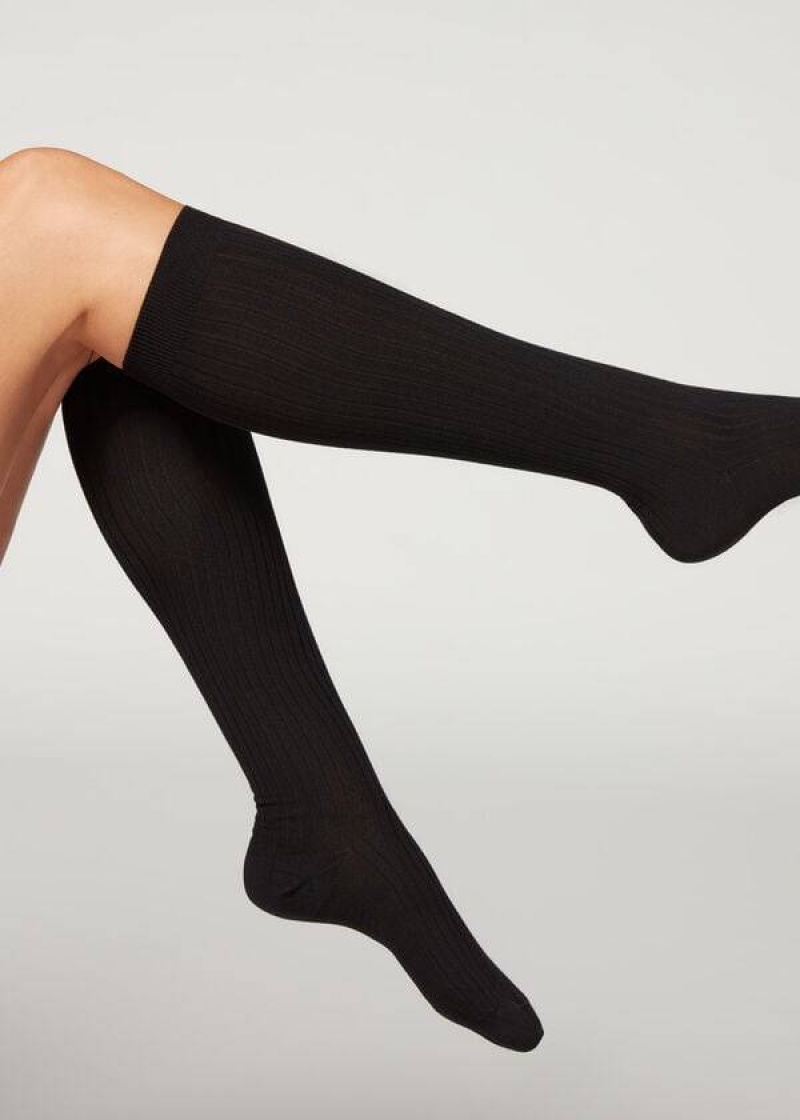 Calzedonia Long Ribbed Cashmere Women\'s Socks Black | CA 1945BC