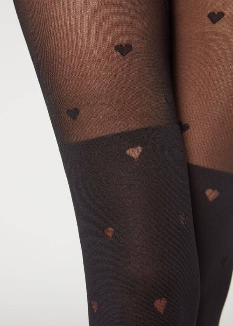 Calzedonia Longuette-Effect Mini Heart-Motif Patterned Women's Tight Black | CA 3080EX