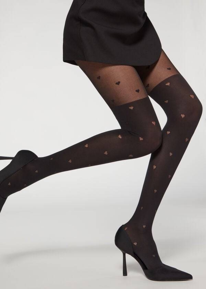 Calzedonia Longuette-Effect Mini Heart-Motif Patterned Women's Tight Black | CA 3080EX