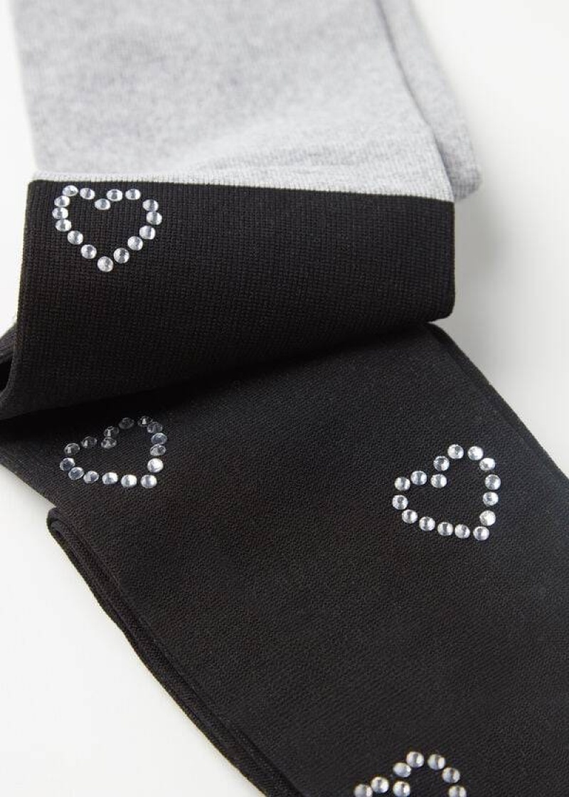 Calzedonia Longuette-Effect with Rhinestone Heart Appliqués Kids' Tight Grey / Black | CA 1207FM