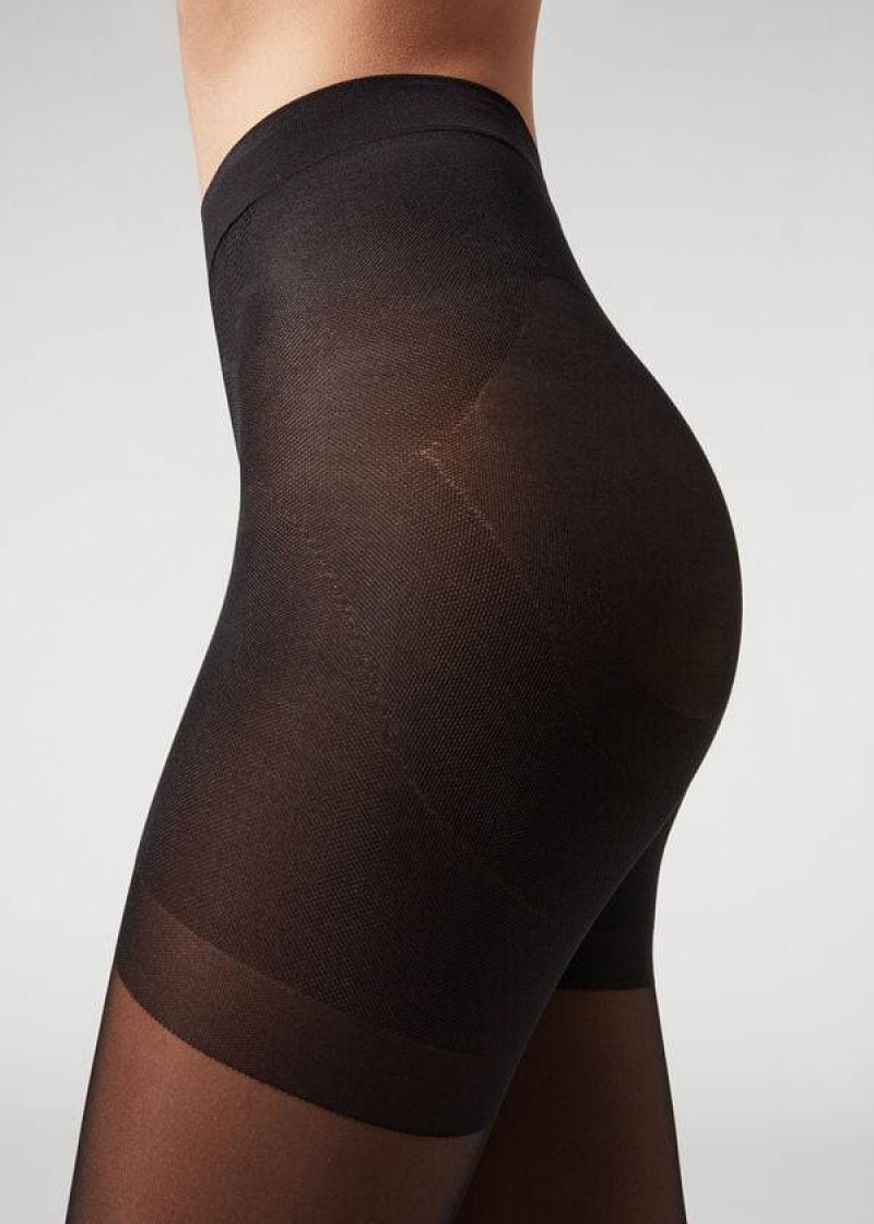 Calzedonia Longuette-effect Total Shaper Patterned Women's Tight Black | CA 3079RW