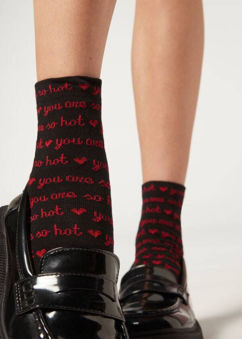 Calzedonia Love Pattern Short Women's Socks Black | CA 1744TV