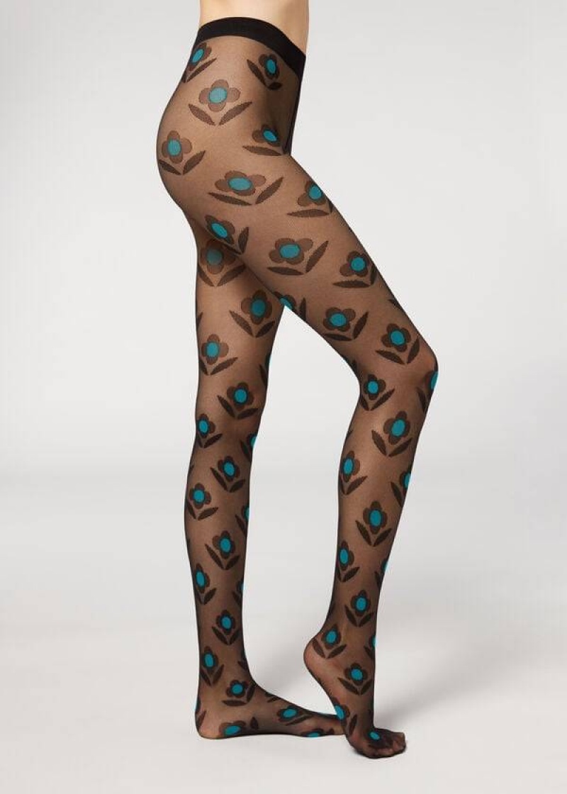 Calzedonia Macro Daisy Micronet Patterned Women\'s Tight Black / Blue | CA 3078TV