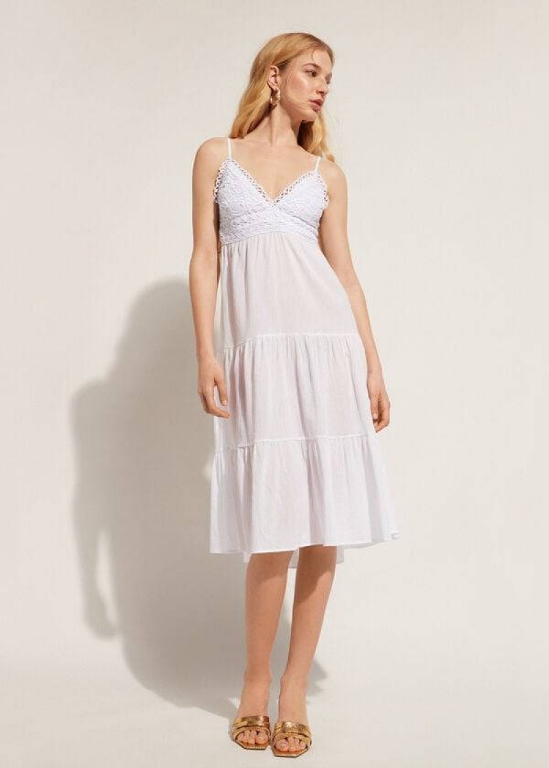 Calzedonia Midi Dress in Macramé Lace and Ruffled Skirt Women's Cover Ups White | CA 2087PQ