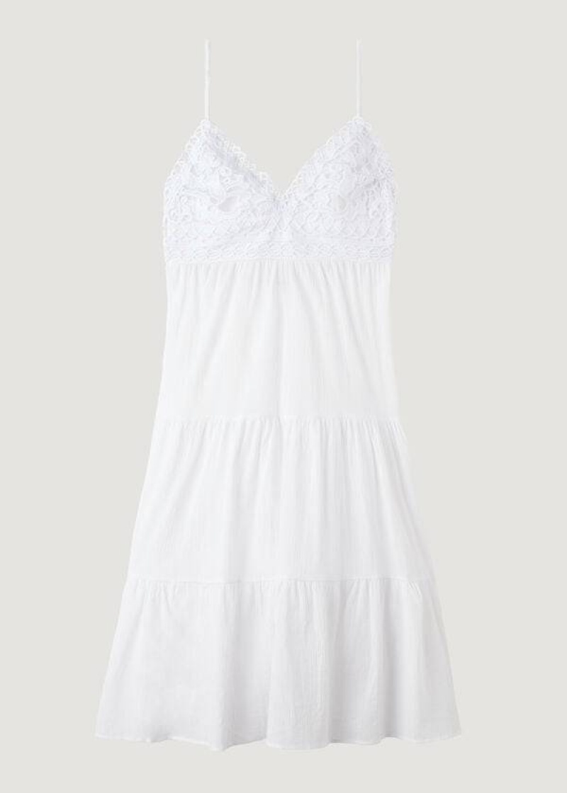 Calzedonia Midi Dress in Macramé Lace and Ruffled Skirt Women's Cover Ups White | CA 2087PQ