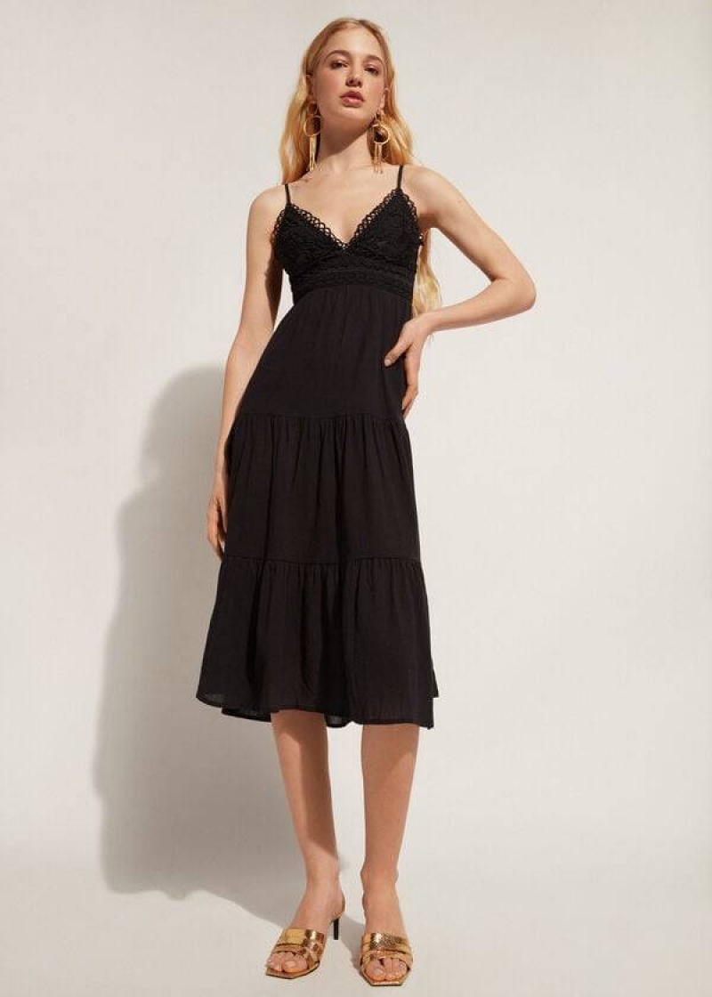 Calzedonia Midi Dress in Macramé Lace and Ruffled Skirt Women's Cover Ups Black | CA 2086OR