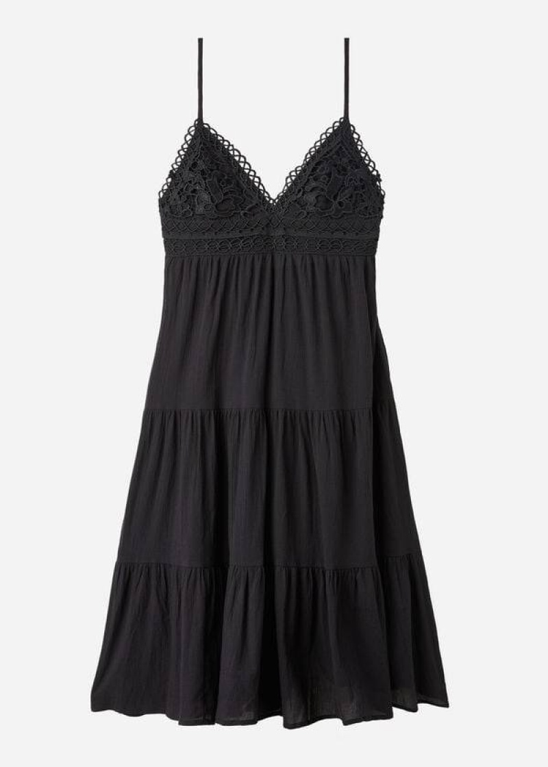 Calzedonia Midi Dress in Macramé Lace and Ruffled Skirt Women's Cover Ups Black | CA 2086OR