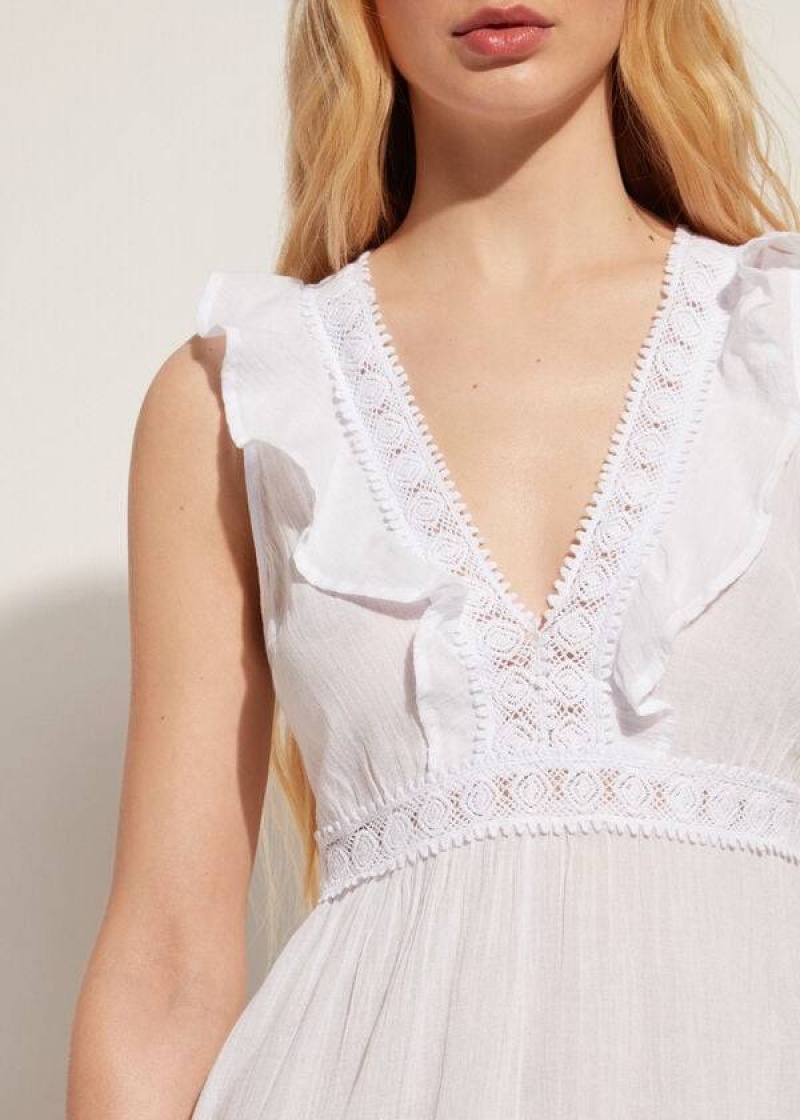 Calzedonia Mini Dress with Ruffle and Passementerie Women's Cover Ups White | CA 2084UT